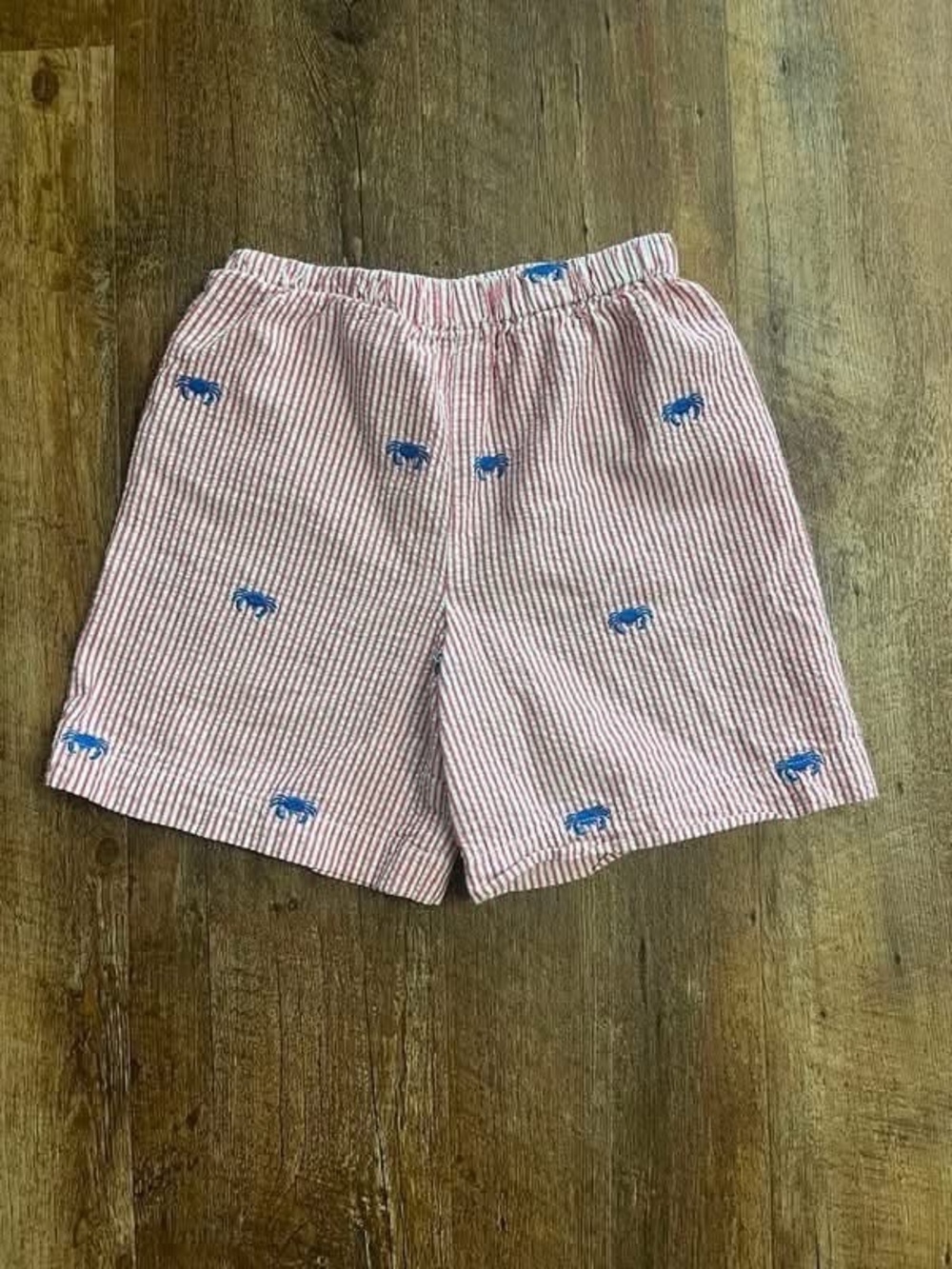 Kids Red-White Seersucker Shorts with Blue Crab Embroidery